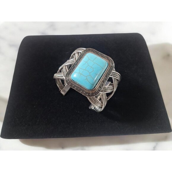 Vintage Tibetan Silver with Synthetic Turquoise Stone Cuff Bracelet Bangles - Picture 4 of 8